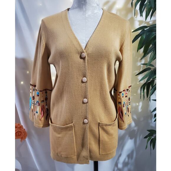 Bob Mackie Wearable Art Native Embroidered Feather Button Cardigan Sweater Sz XS - Picture 1 of 11